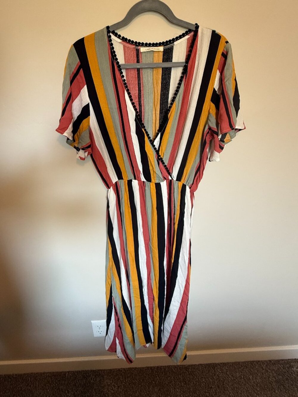 Lake Flower Striped Faux Wrap Midi Dress Size Large Boho Flutter Sleeve
